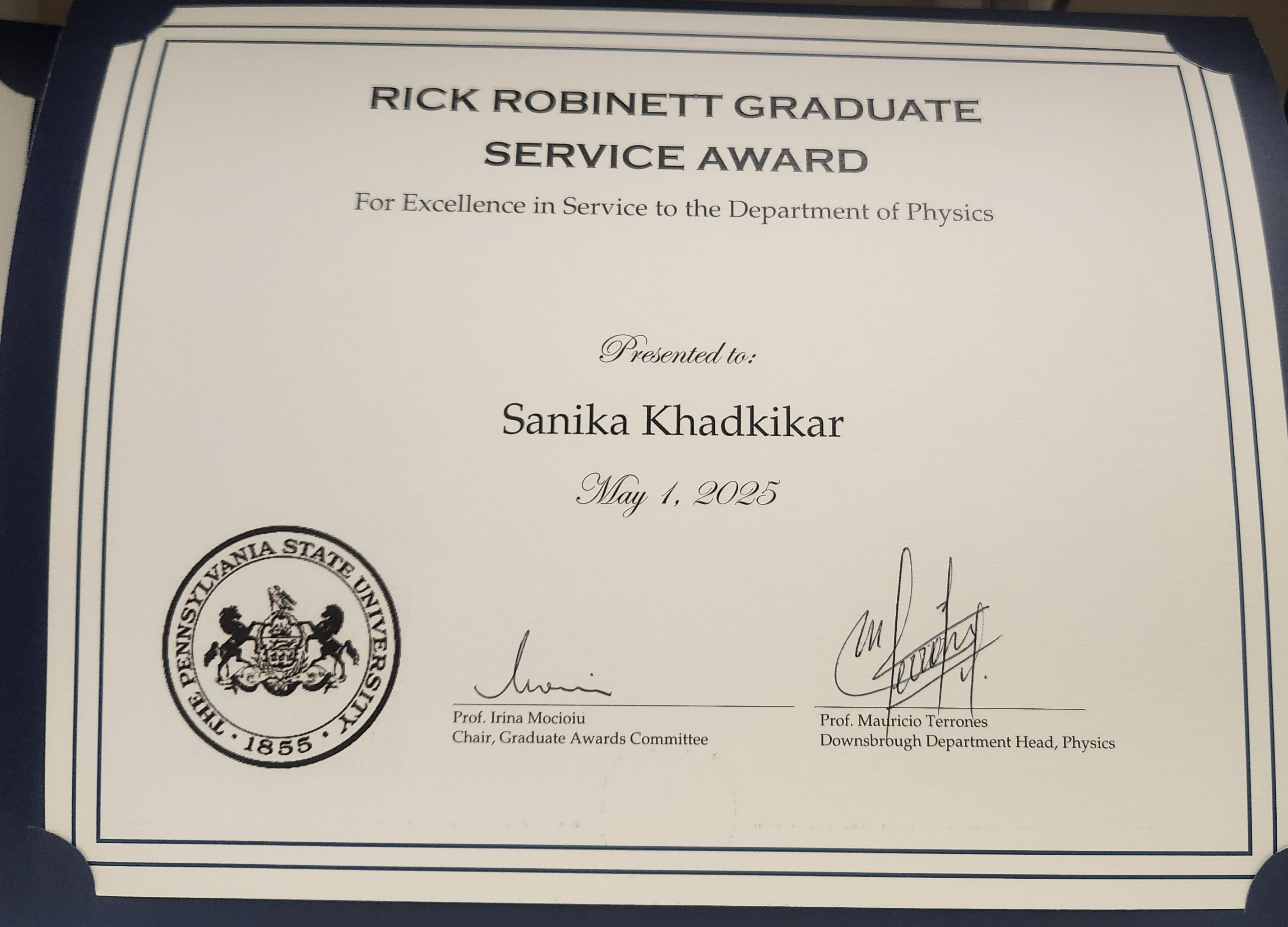 Rick Robinett Student Service Award at Penn State Physics