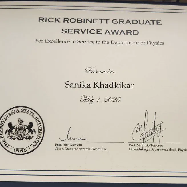 Rick Robinett Student Service Award at Penn State Physics